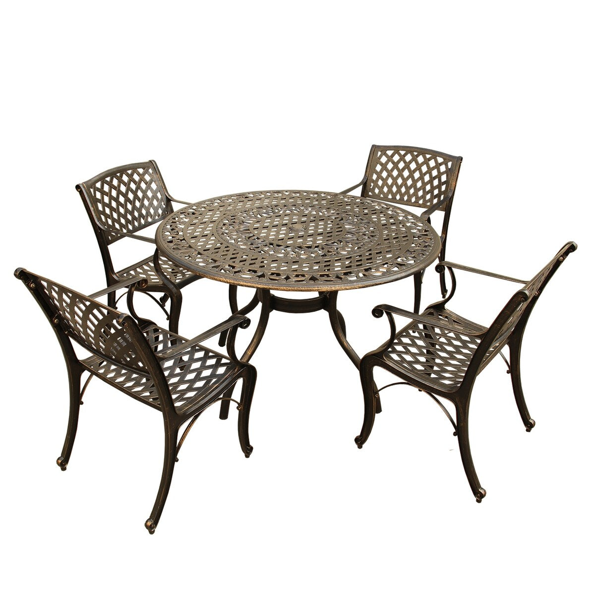 Ensemble de salle à manger rond en treillis métallique pour extérieur, bronze, 48 pouces, avec quatre chaises