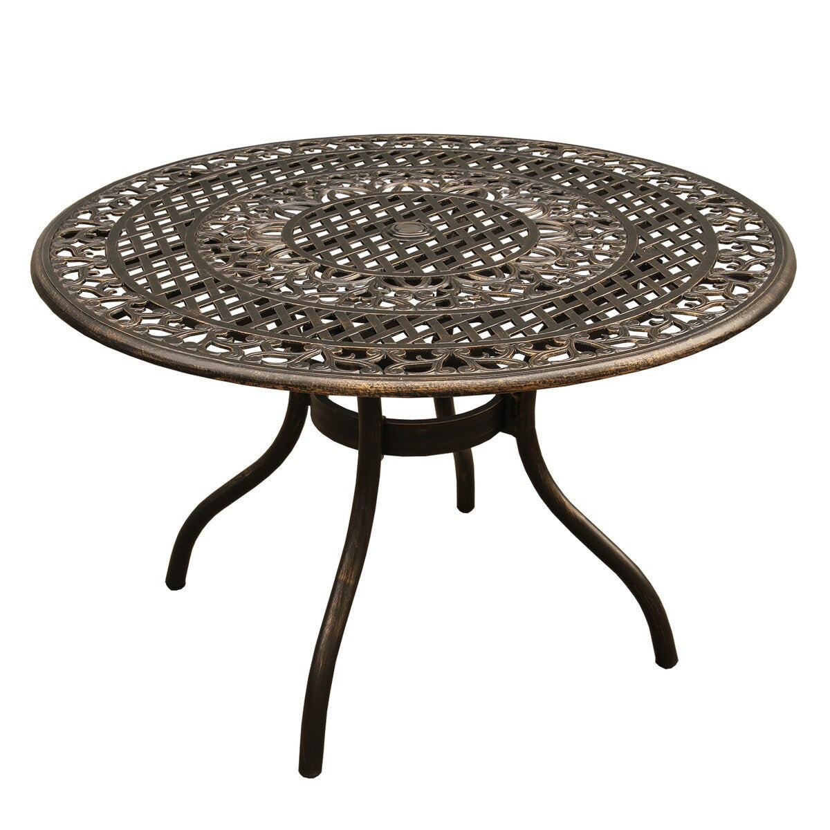 Ensemble de salle à manger rond en treillis métallique pour extérieur, bronze, 48 pouces, avec quatre chaises