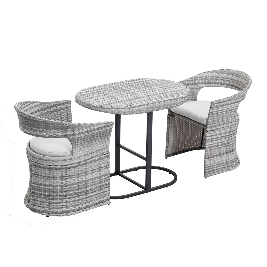 Ensemble bistro 3 pièces pour patio extérieur, structure en fer et rotin, gris