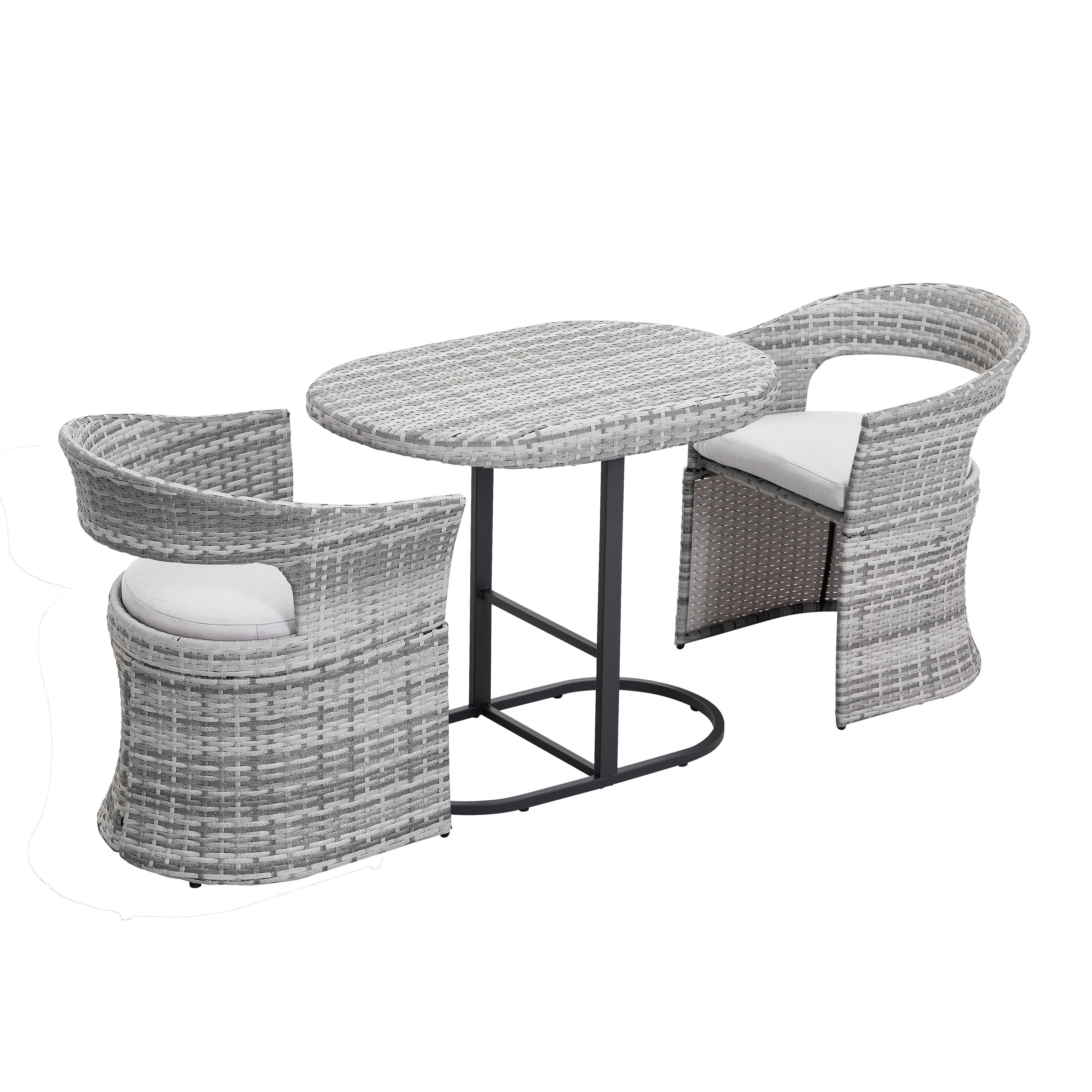 Ensemble bistro 3 pièces pour patio extérieur, structure en fer et rotin, gris