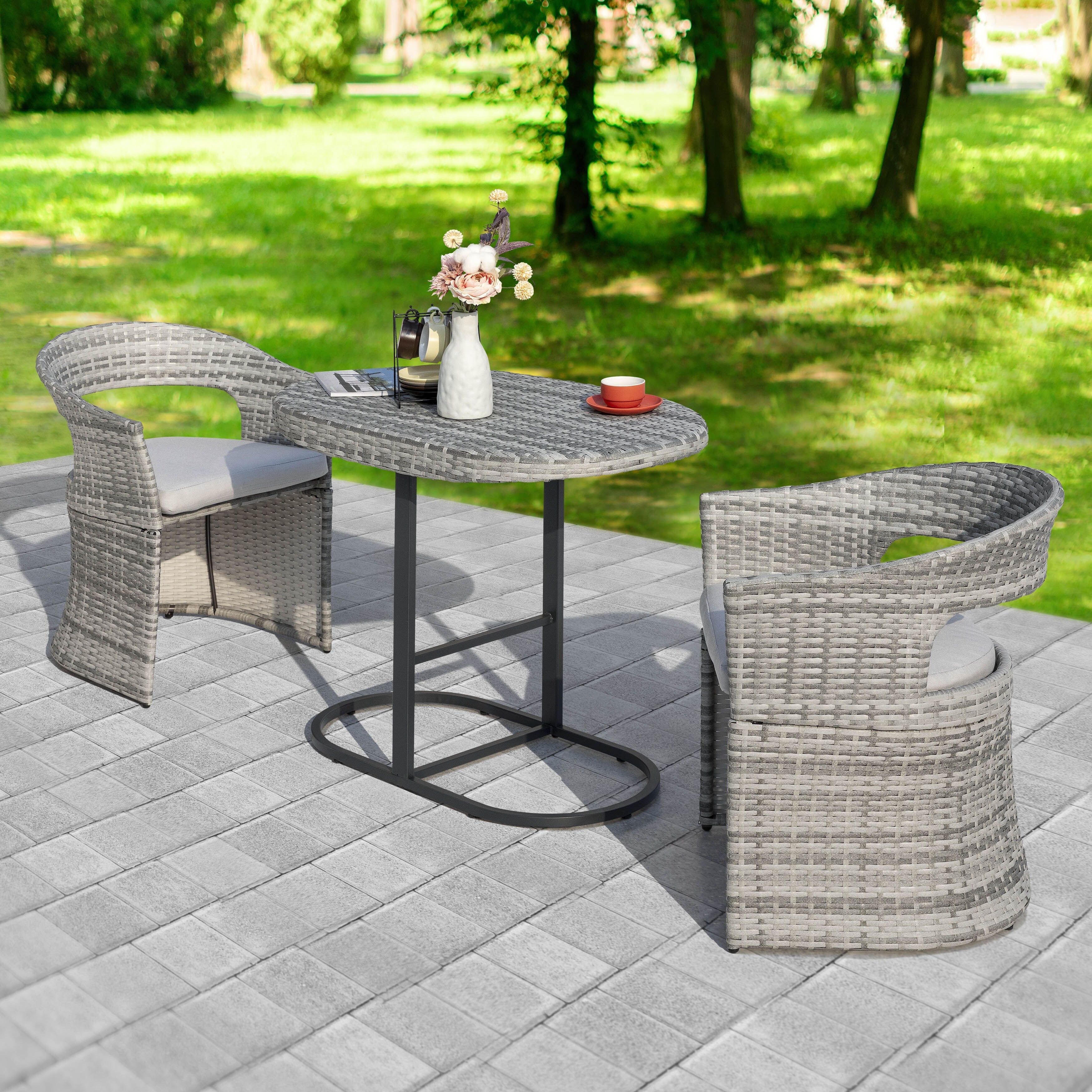 Ensemble bistro 3 pièces pour patio extérieur, structure en fer et rotin, gris