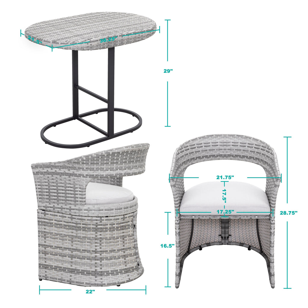 Ensemble bistro 3 pièces pour patio extérieur, structure en fer et rotin, gris