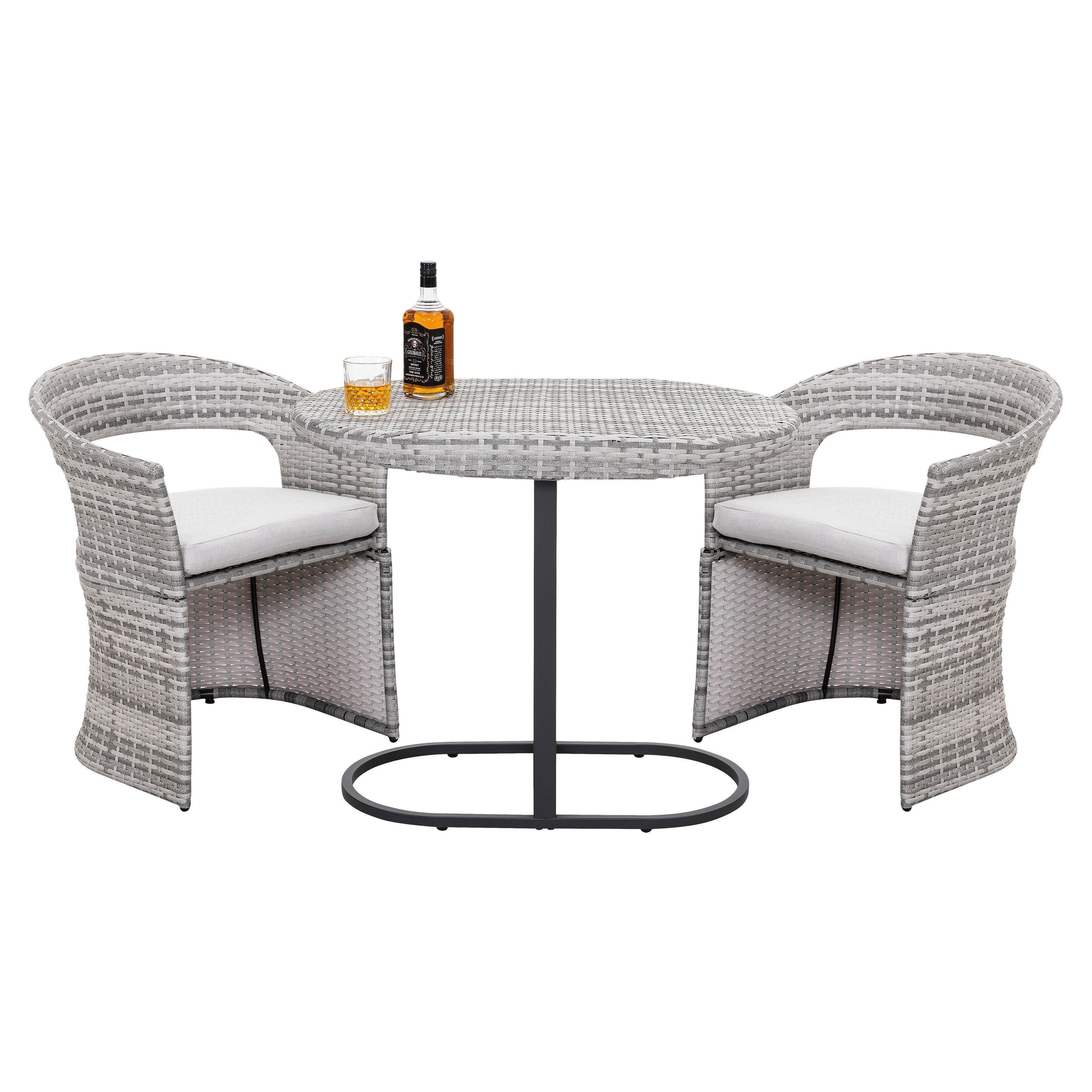 Ensemble bistro 3 pièces pour patio extérieur, structure en fer et rotin, gris
