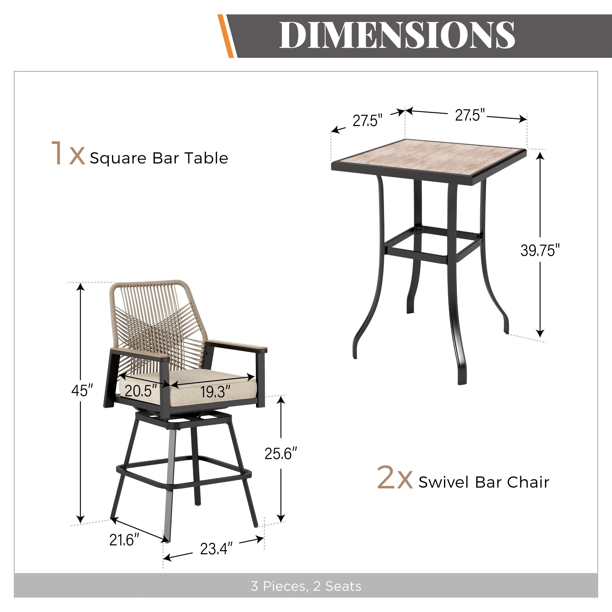 Ensemble de bar bistro 3 pièces avec tabourets et table pour terrasse extérieure