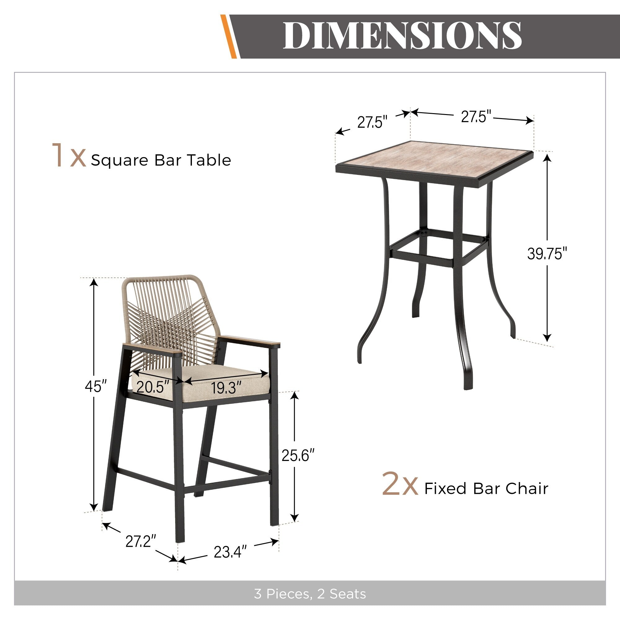 Ensemble de bar bistro 3 pièces avec tabourets et table pour terrasse extérieure