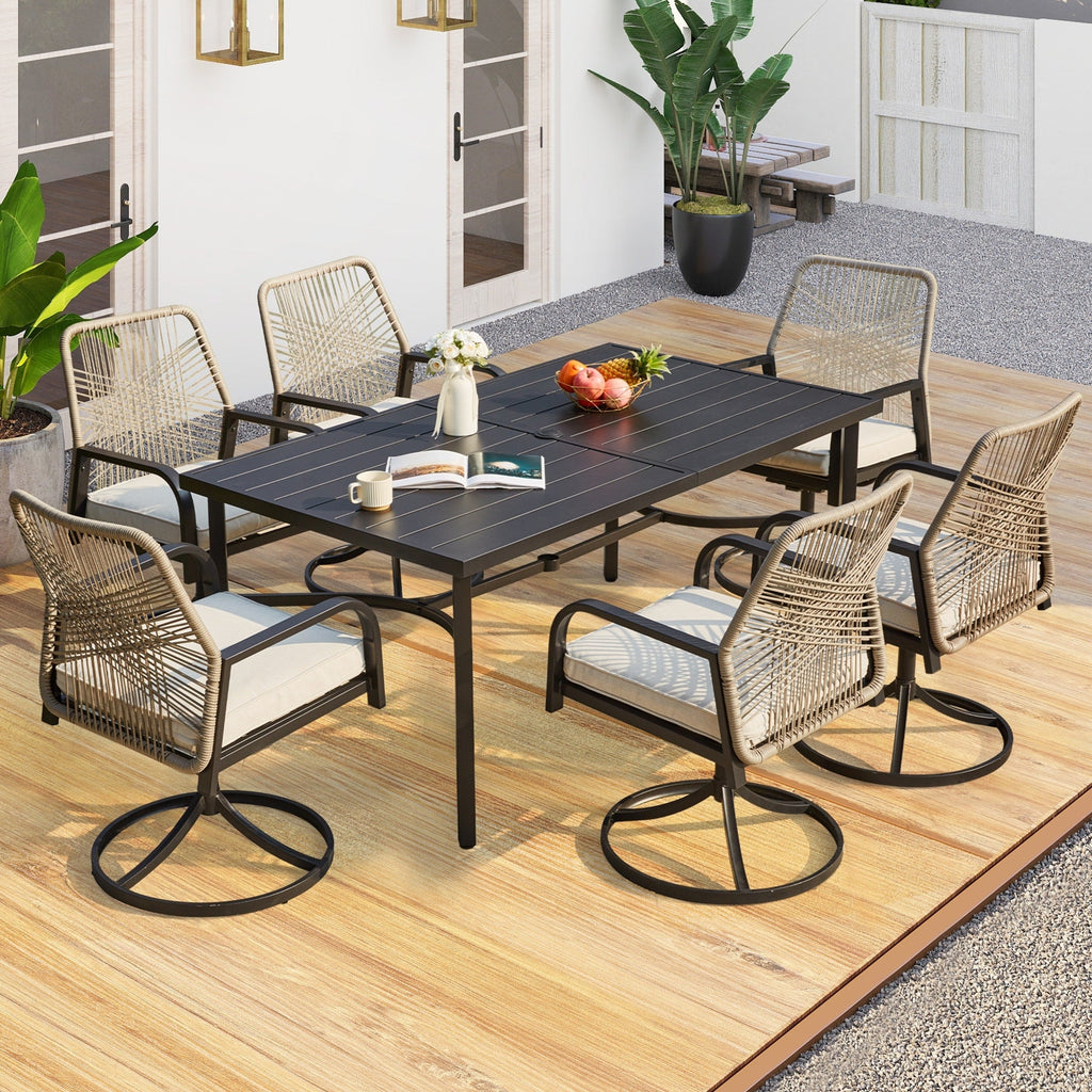 Ensemble de salle à manger d'extérieur, chaises pivotantes en rotin avec coussin épais amovible, table à manger avec trou pour parasol, ensemble de meubles de jardin