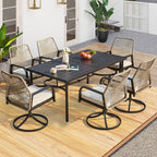 Ensemble de salle à manger d'extérieur, chaises pivotantes en rotin avec coussin épais amovible, table à manger avec trou pour parasol, ensemble de meubles de jardin