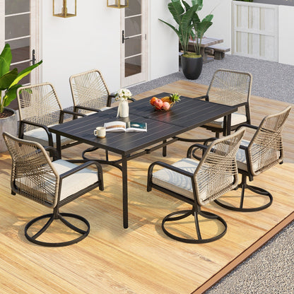 Ensemble de salle à manger d'extérieur, chaises pivotantes en rotin avec coussin épais amovible, table à manger avec trou pour parasol, ensemble de meubles de jardin