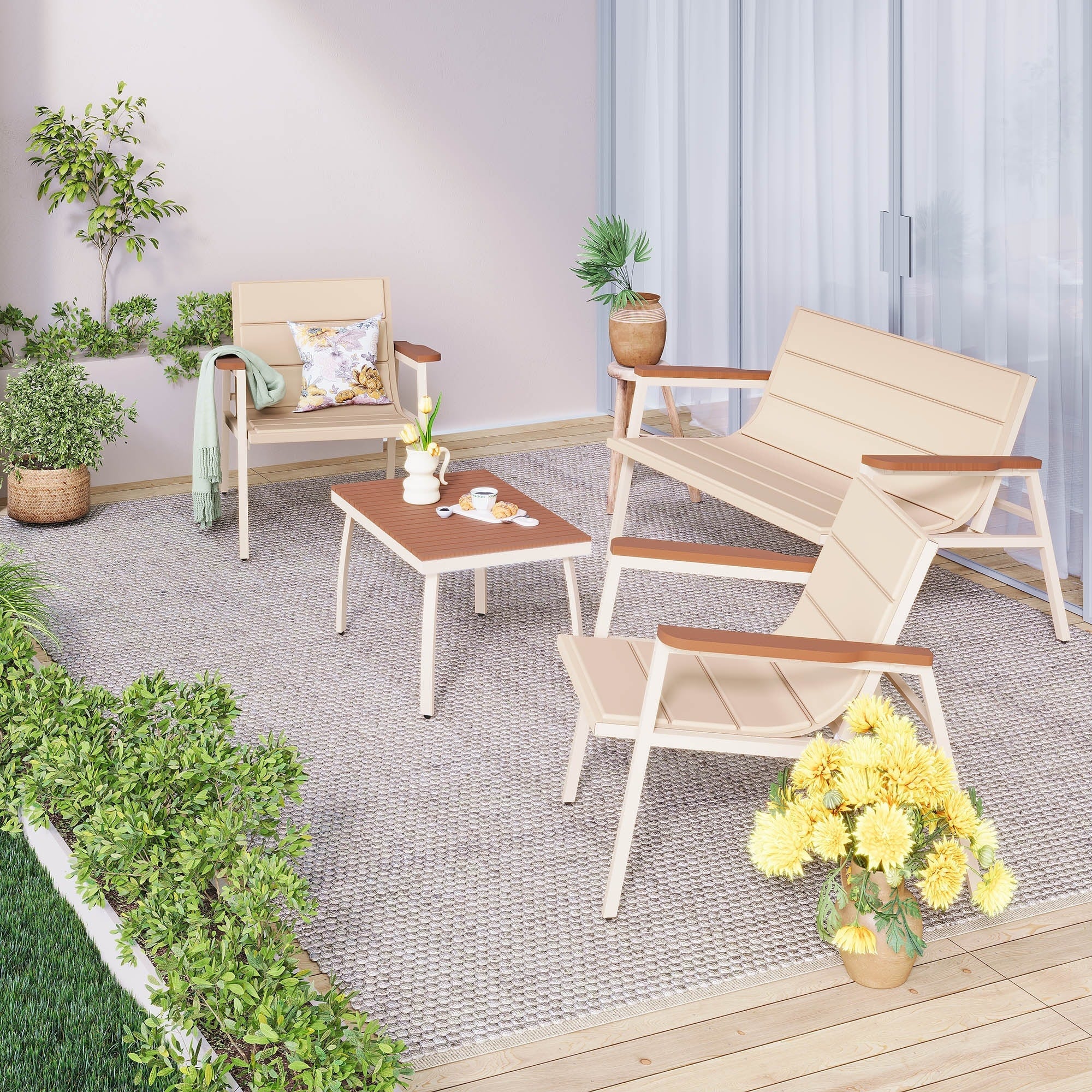 Ensemble de meubles de jardin 4 pièces avec coussins suspendus rembourrés pour terrasse, jardin, balcon, beige