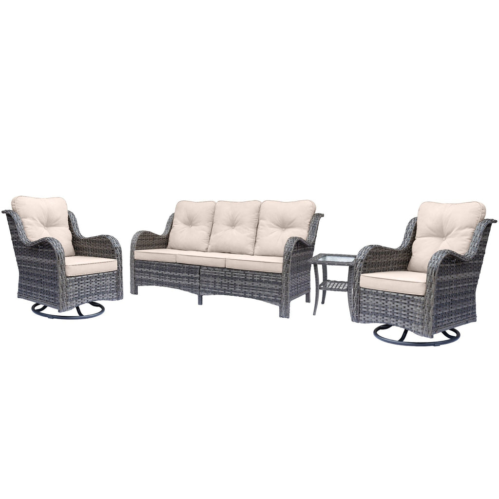 Ensemble de meubles de jardin en rotin et osier, chaises pivotantes avec coussins