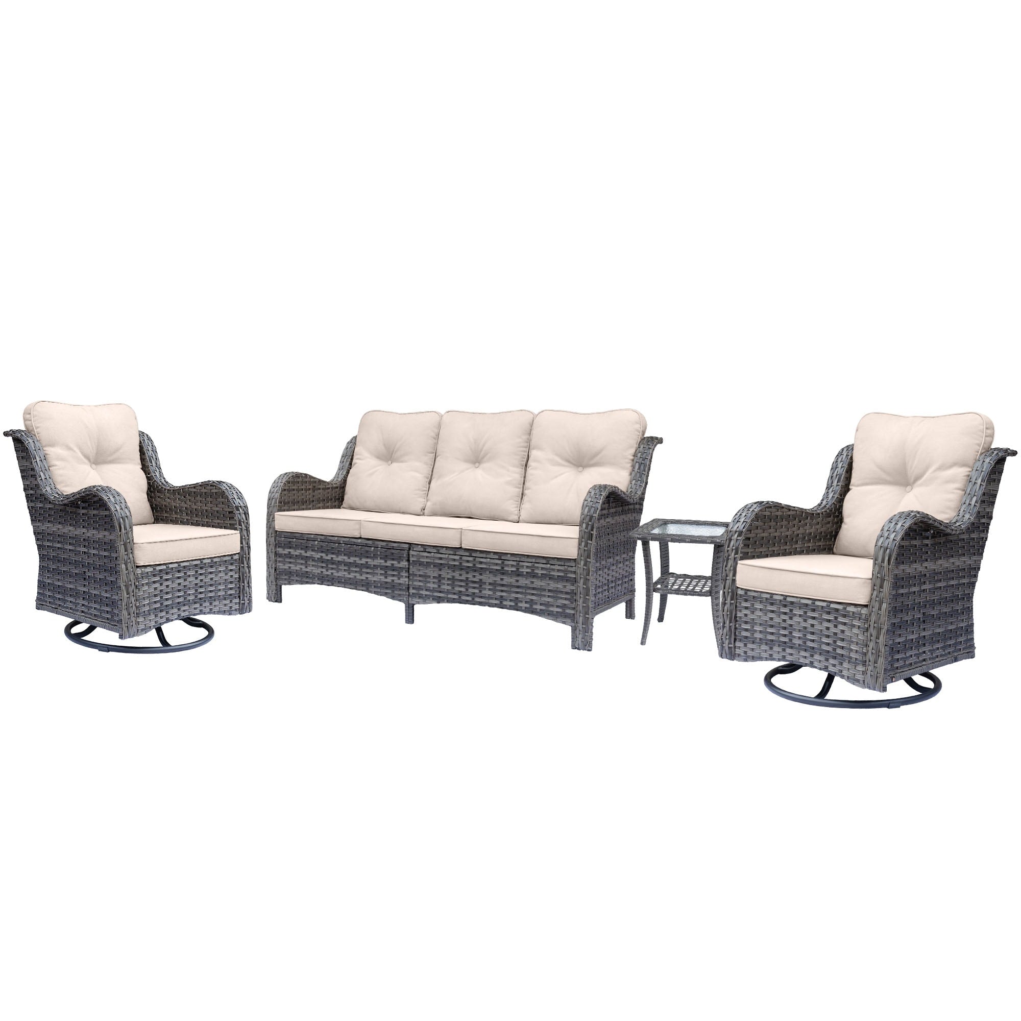 Ensemble de meubles de jardin en rotin et osier, chaises pivotantes avec coussins