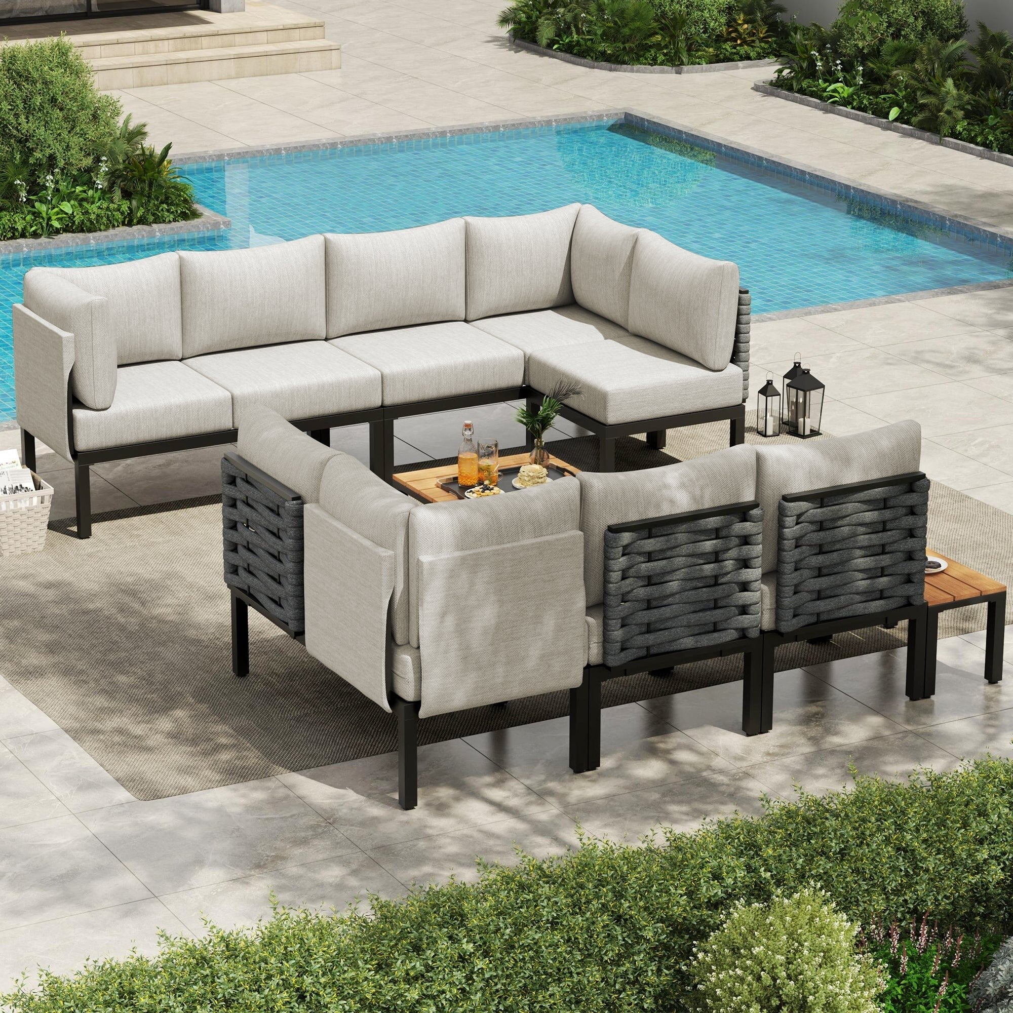 Ensemble de meubles de jardin, canapé sectionnel en L avec 6 coussins épais et table basse pour jardin et véranda