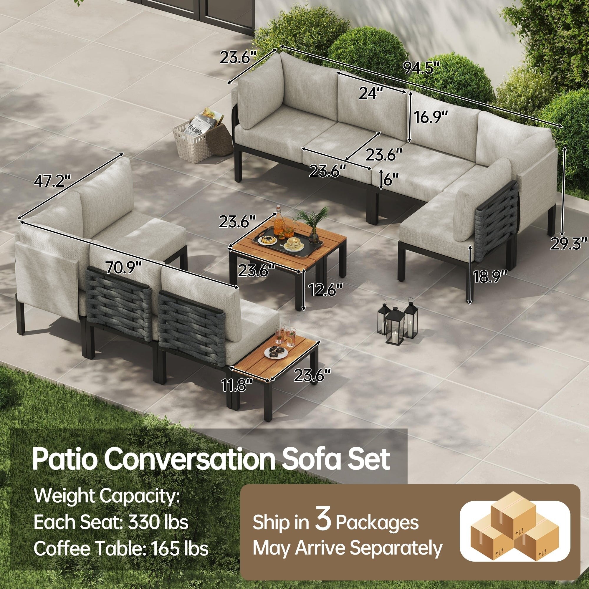 Ensemble de meubles de jardin, canapé sectionnel en L avec 6 coussins épais et table basse pour jardin et véranda