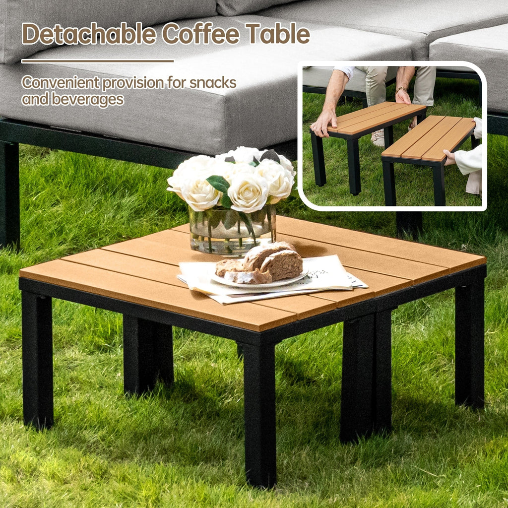 Ensemble de meubles de jardin, canapé sectionnel en L avec 6 coussins épais et table basse pour jardin et véranda
