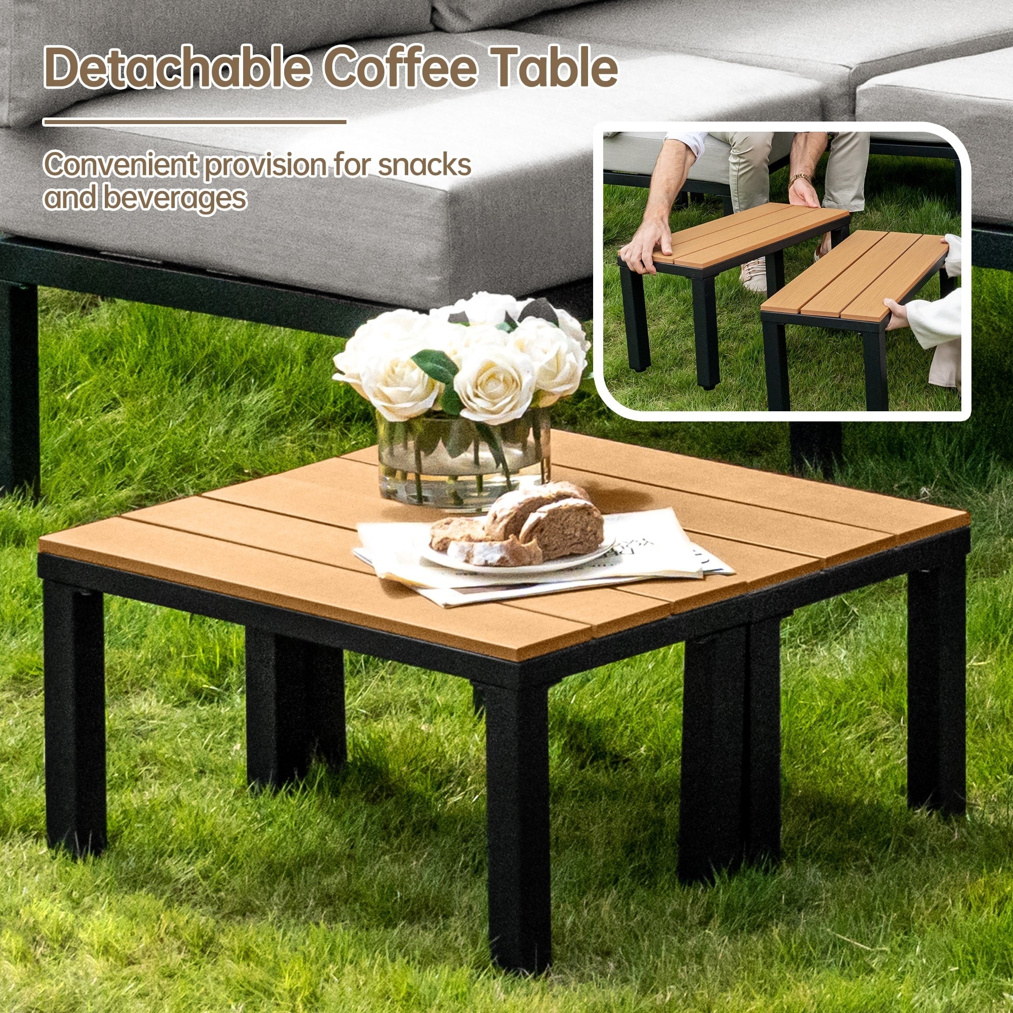 Ensemble de meubles de jardin, canapé sectionnel en L avec 6 coussins épais et table basse pour jardin et véranda