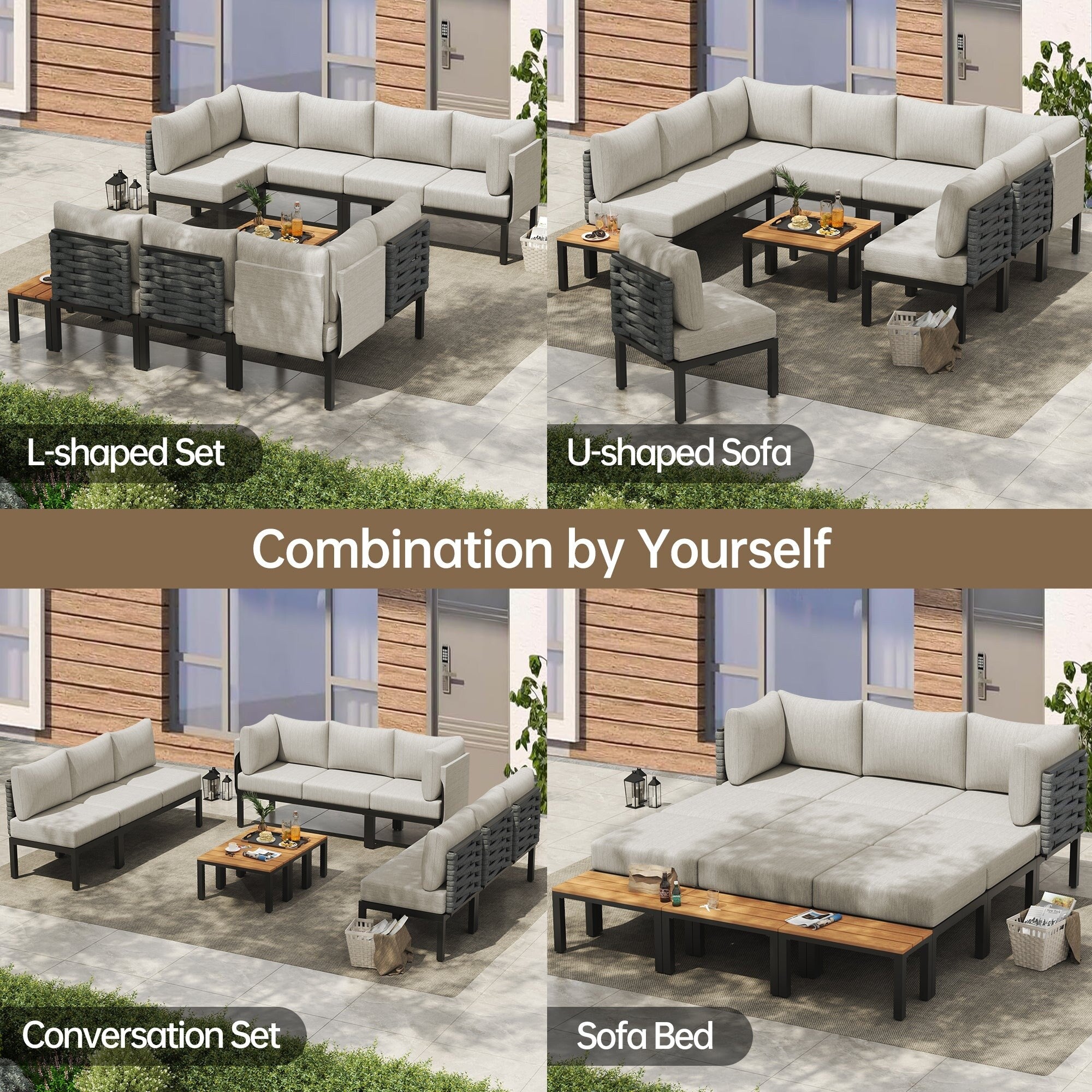 Ensemble de meubles de jardin, canapé sectionnel en L avec 6 coussins épais et table basse pour jardin et véranda