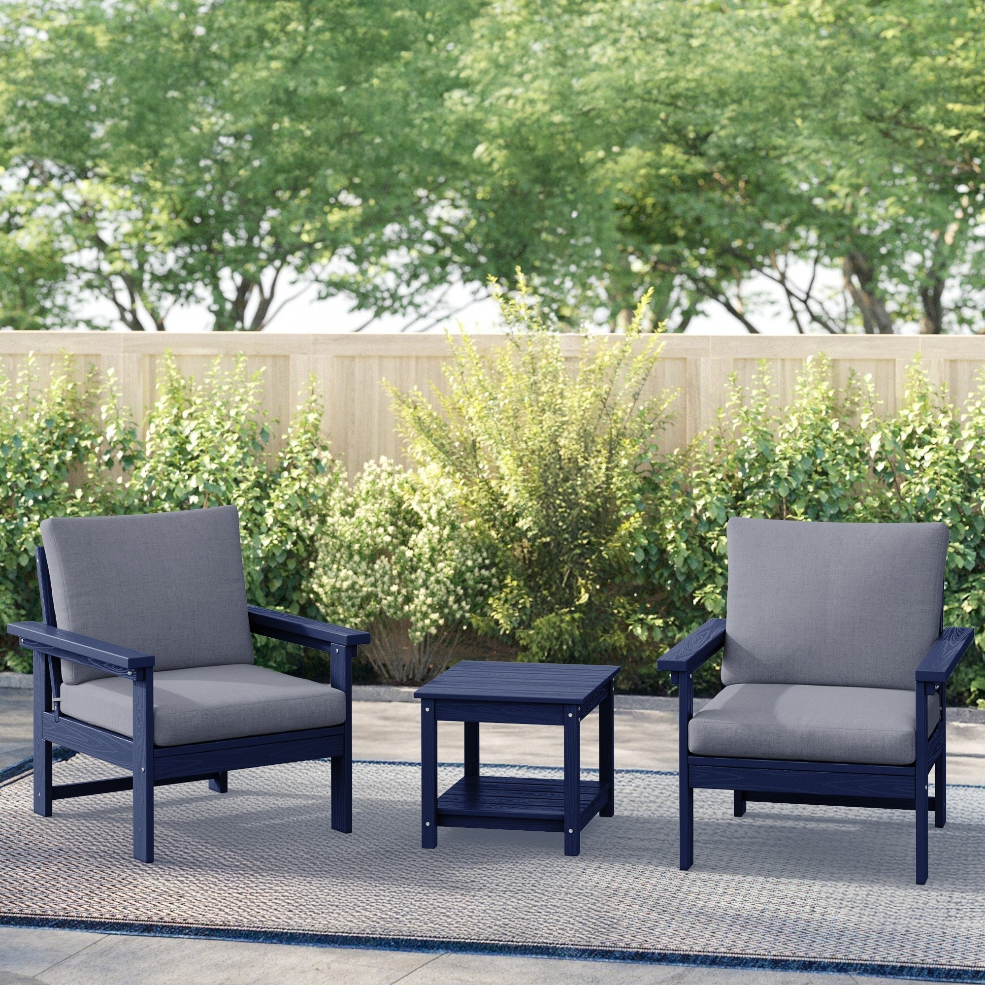 Ensemble de conversation pour patio extérieur en PEHD, 2 fauteuils et table d'appoint double, coussins amovibles inclus