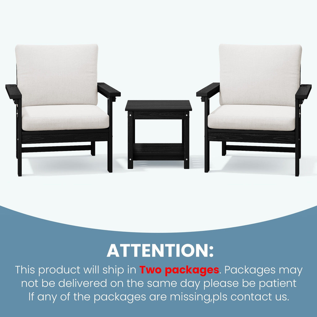 Ensemble de conversation pour patio extérieur en PEHD, 2 fauteuils et table d'appoint double, coussins amovibles inclus