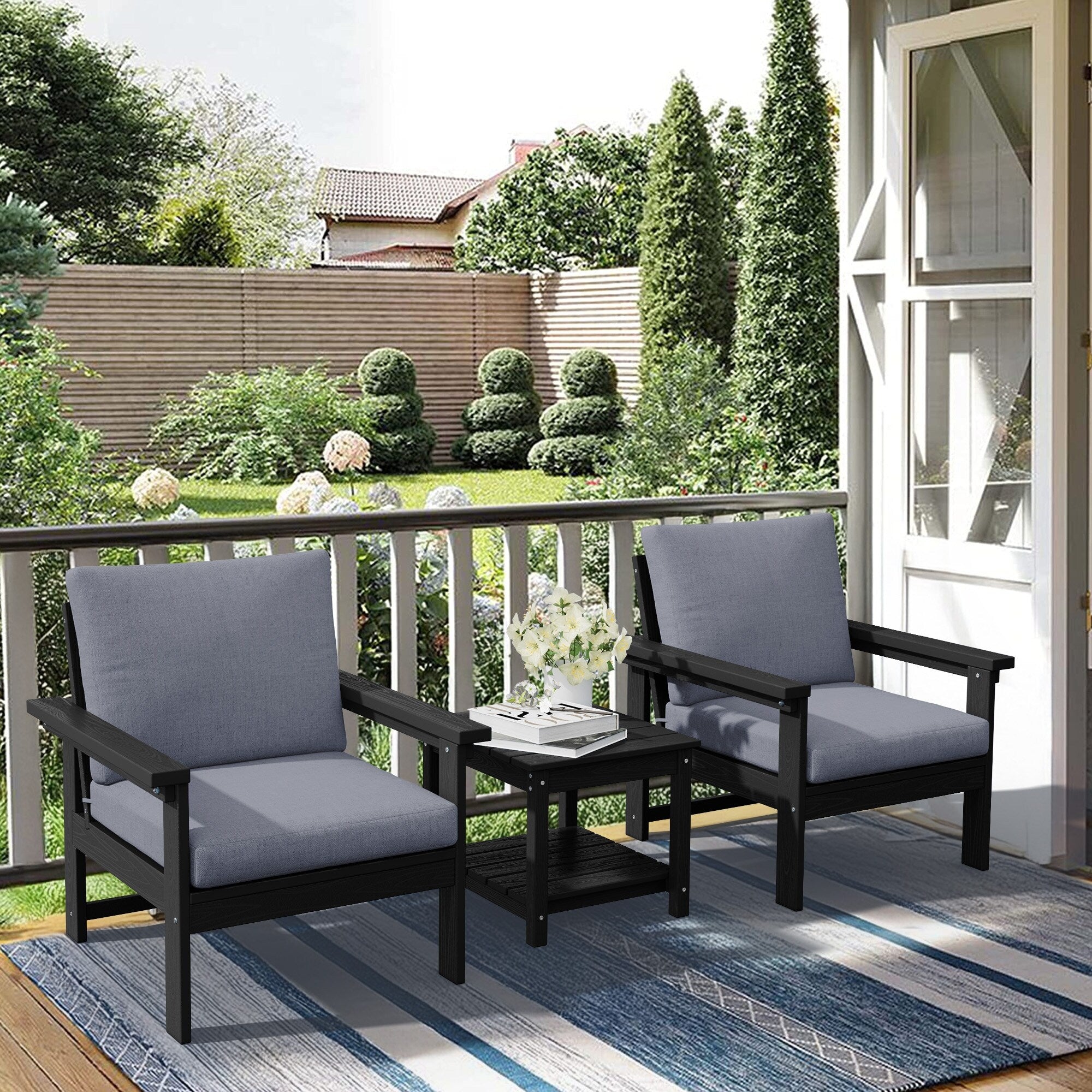 Ensemble de conversation pour patio extérieur en PEHD, 2 fauteuils et table d'appoint double, coussins amovibles inclus