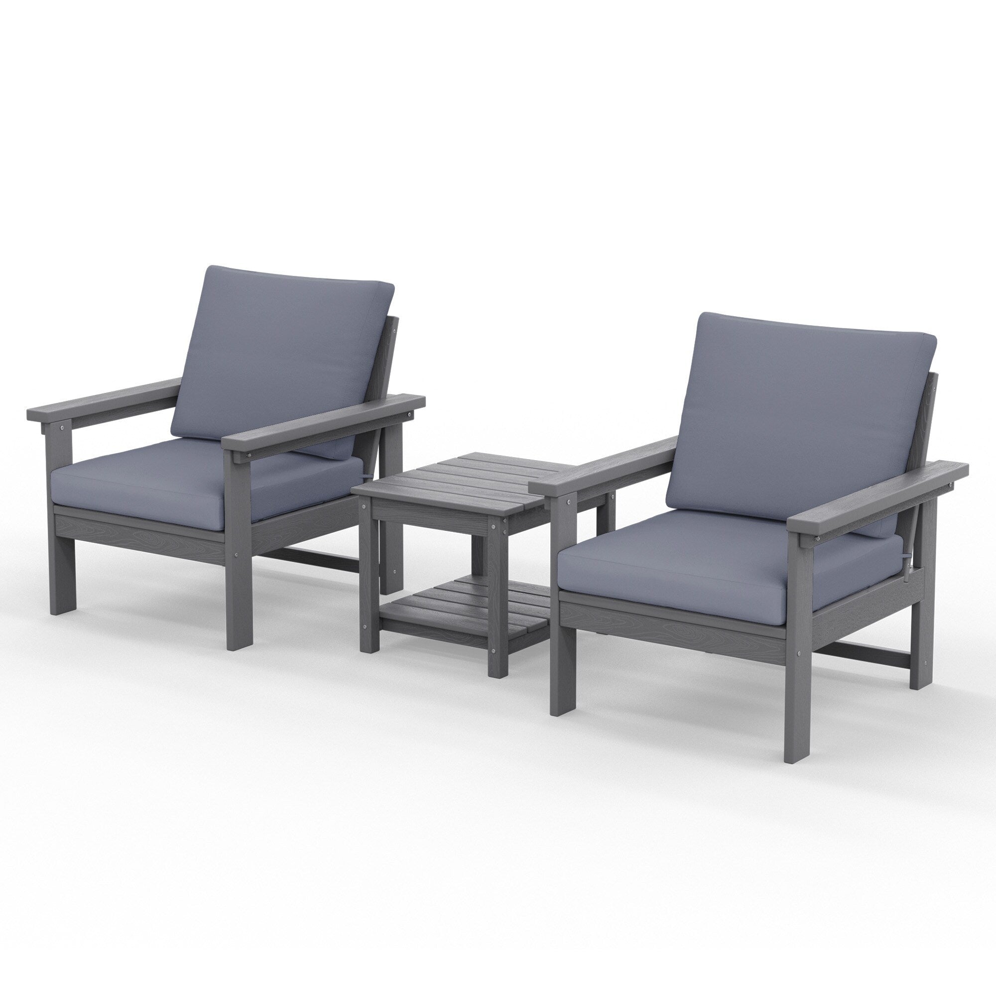 Ensemble de conversation pour patio extérieur en PEHD, 2 fauteuils et table d'appoint double, coussins amovibles inclus