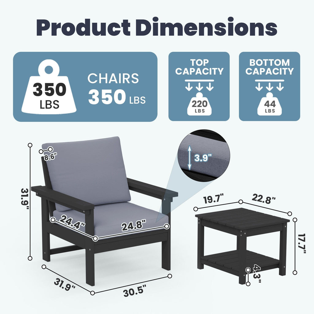 Ensemble de conversation pour patio extérieur en PEHD, 2 fauteuils et table d'appoint double, coussins amovibles inclus
