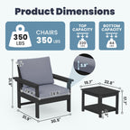 Ensemble de conversation pour patio extérieur en PEHD, 2 fauteuils et table d'appoint double, coussins amovibles inclus