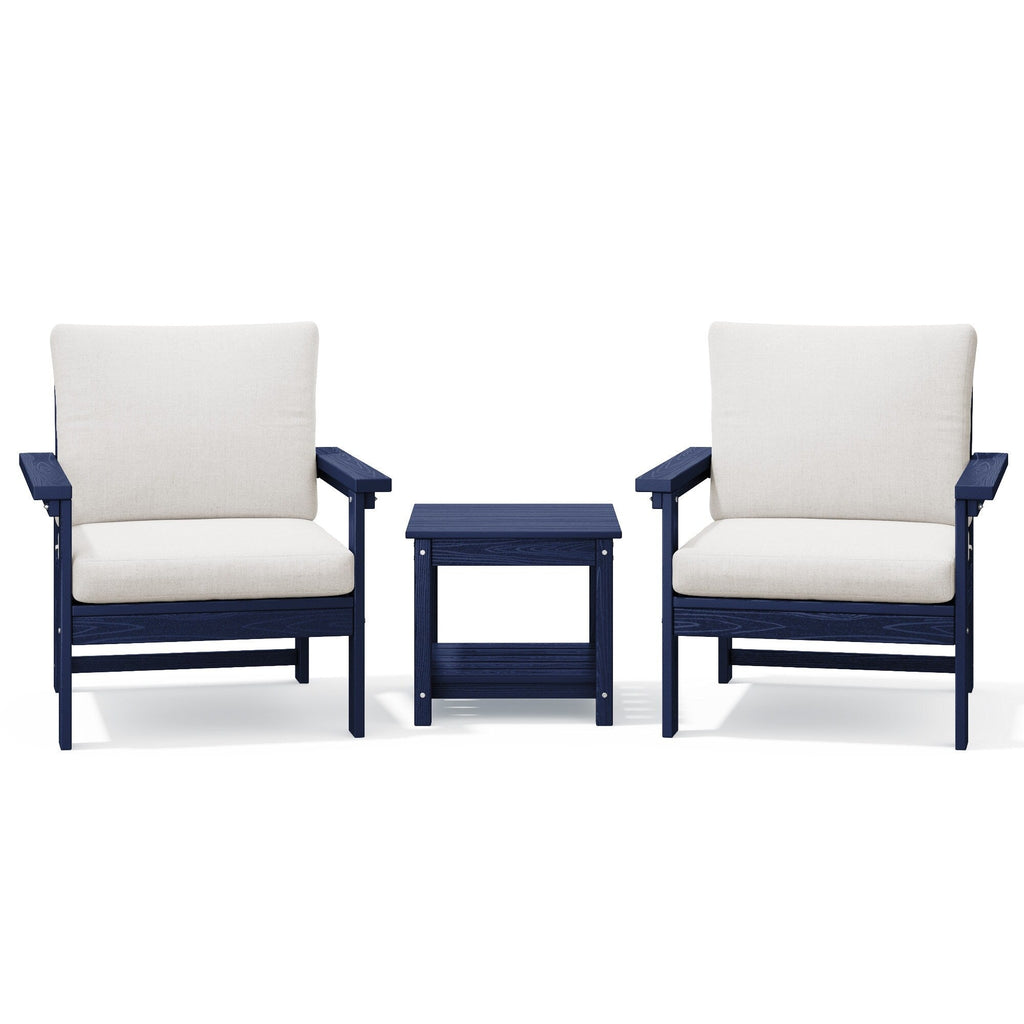 Ensemble de conversation pour patio extérieur en PEHD, 2 fauteuils et table d'appoint double, coussins amovibles inclus
