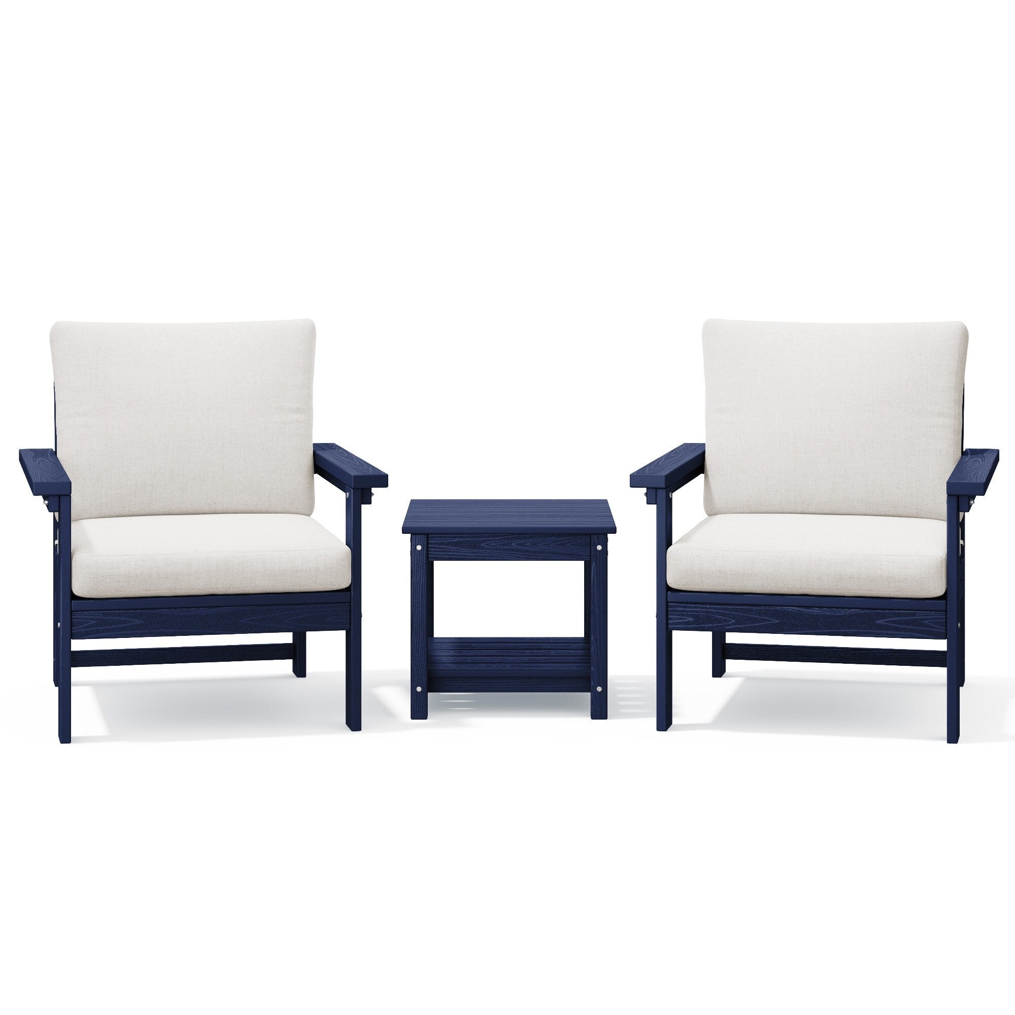 Ensemble de conversation pour patio extérieur en PEHD, 2 fauteuils et table d'appoint double, coussins amovibles inclus