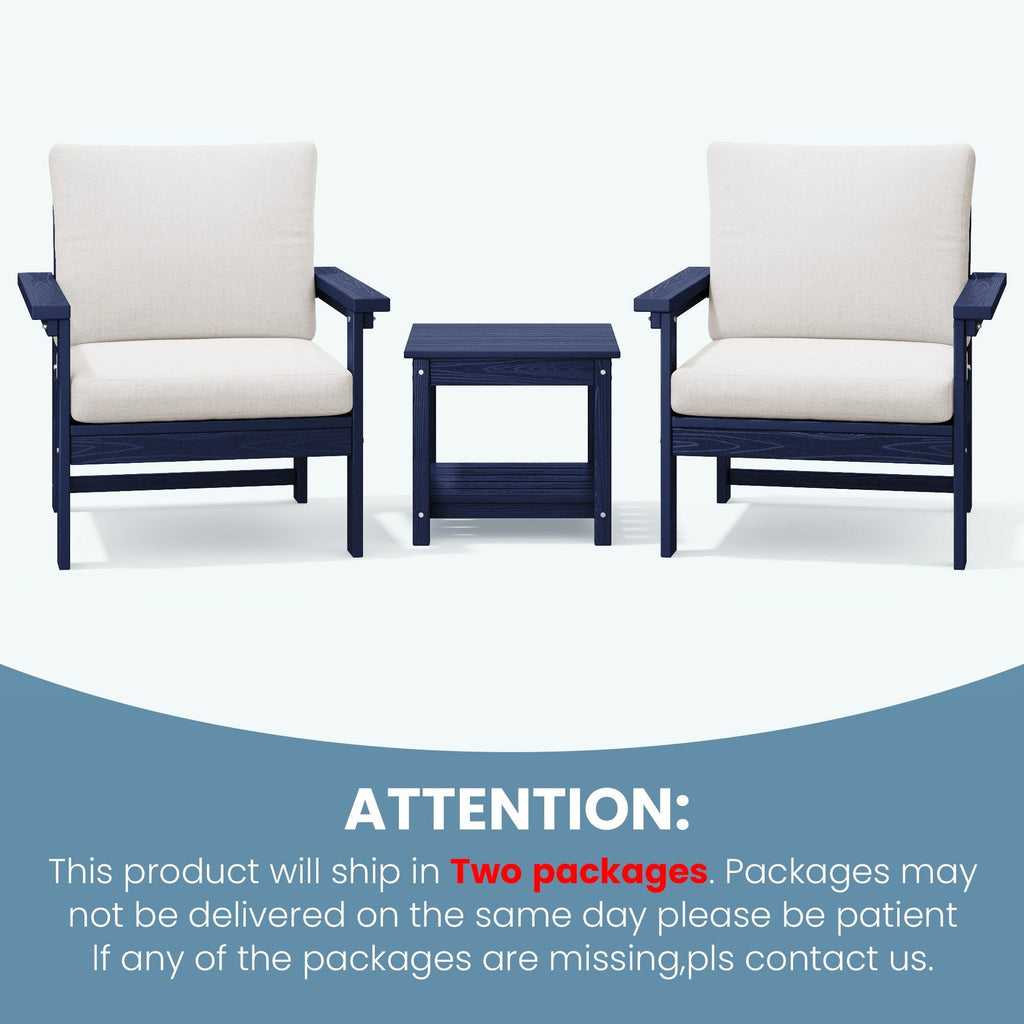 Ensemble de conversation pour patio extérieur en PEHD, 2 fauteuils et table d'appoint double, coussins amovibles inclus
