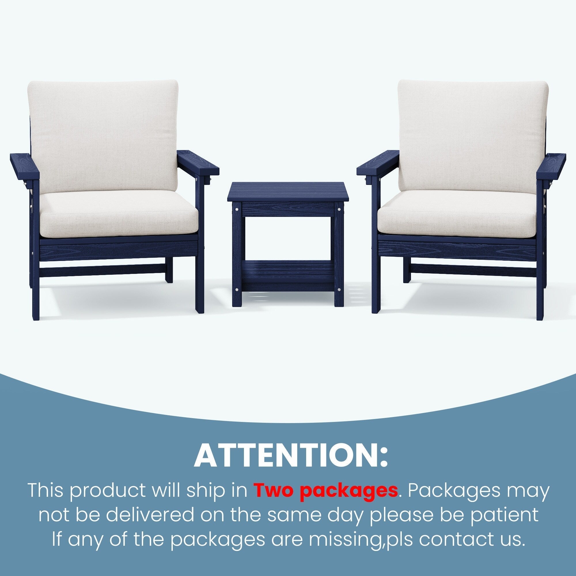 Ensemble de conversation pour patio extérieur en PEHD, 2 fauteuils et table d'appoint double, coussins amovibles inclus