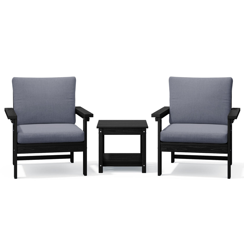 Ensemble de conversation pour patio extérieur en PEHD, 2 fauteuils et table d'appoint double, coussins amovibles inclus
