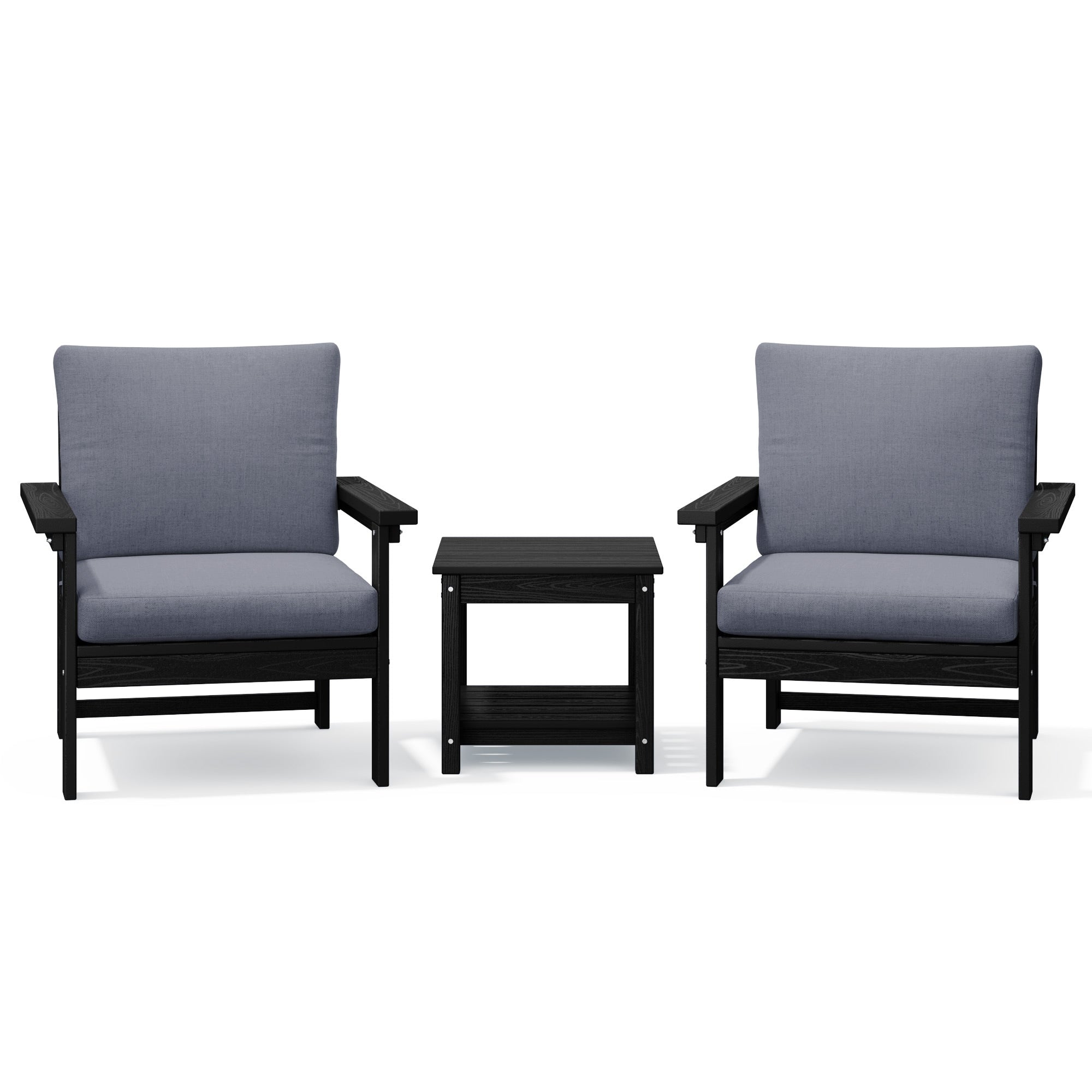 Ensemble de conversation pour patio extérieur en PEHD, 2 fauteuils et table d'appoint double, coussins amovibles inclus