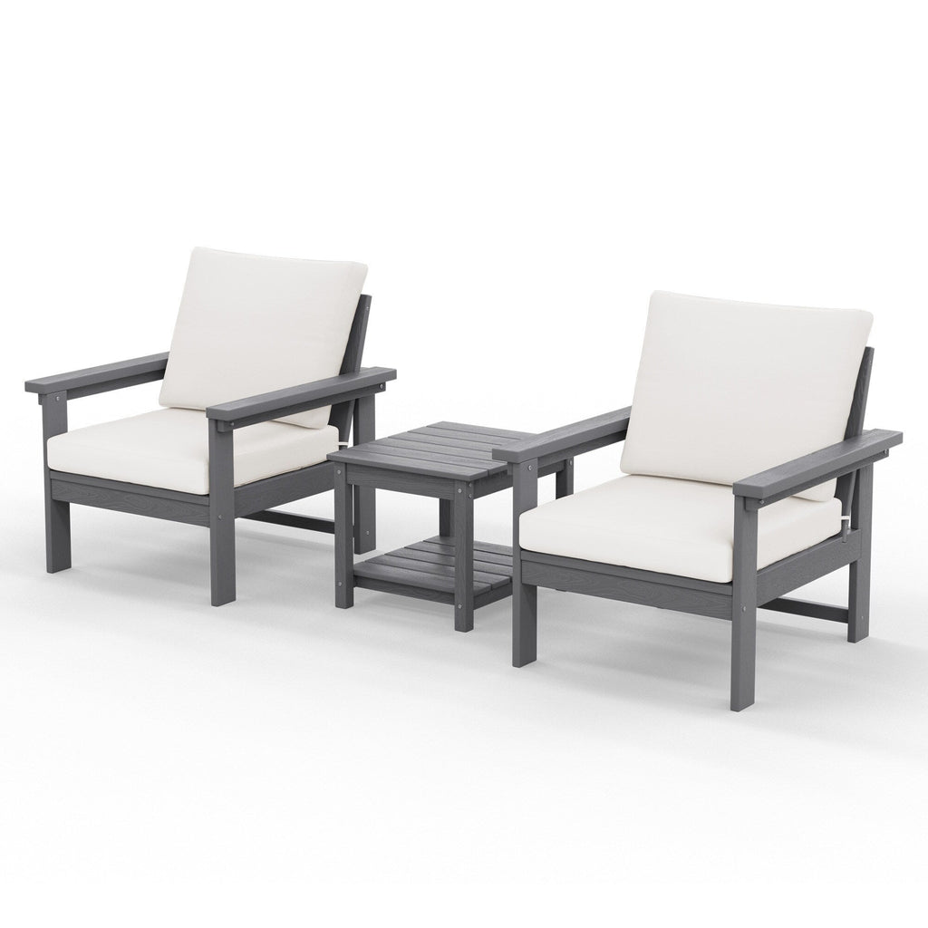 Ensemble de conversation pour patio extérieur en PEHD, 2 fauteuils et table d'appoint double, coussins amovibles inclus