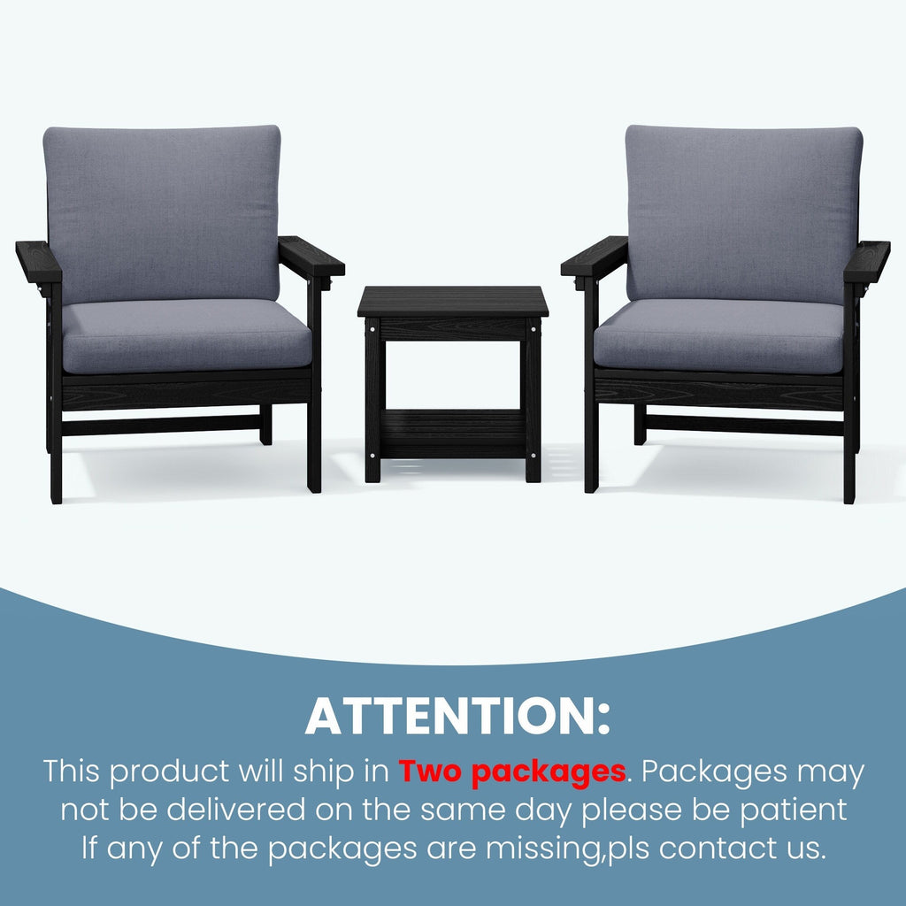 Ensemble de conversation pour patio extérieur en PEHD, 2 fauteuils et table d'appoint double, coussins amovibles inclus