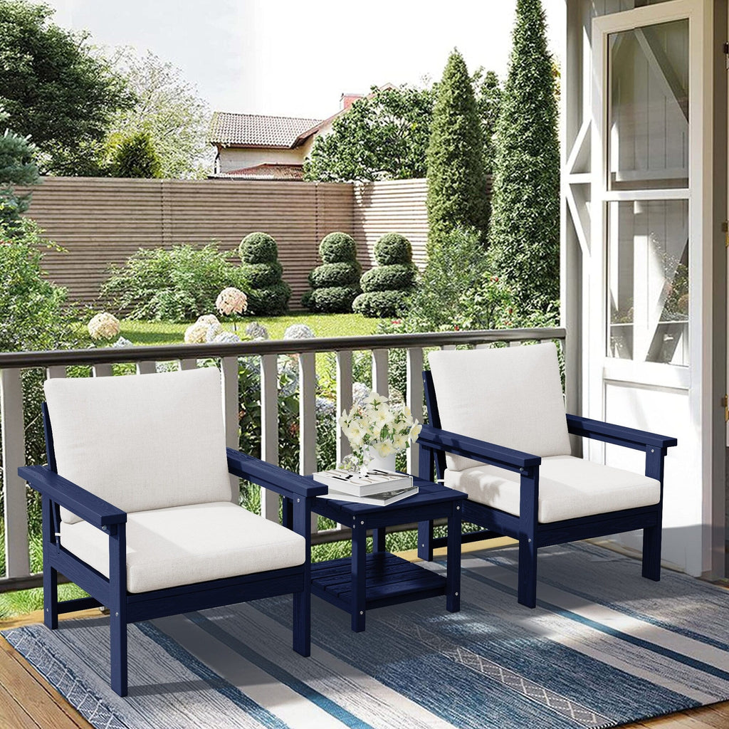 Ensemble de conversation pour patio extérieur en PEHD, 2 fauteuils et table d'appoint double, coussins amovibles inclus