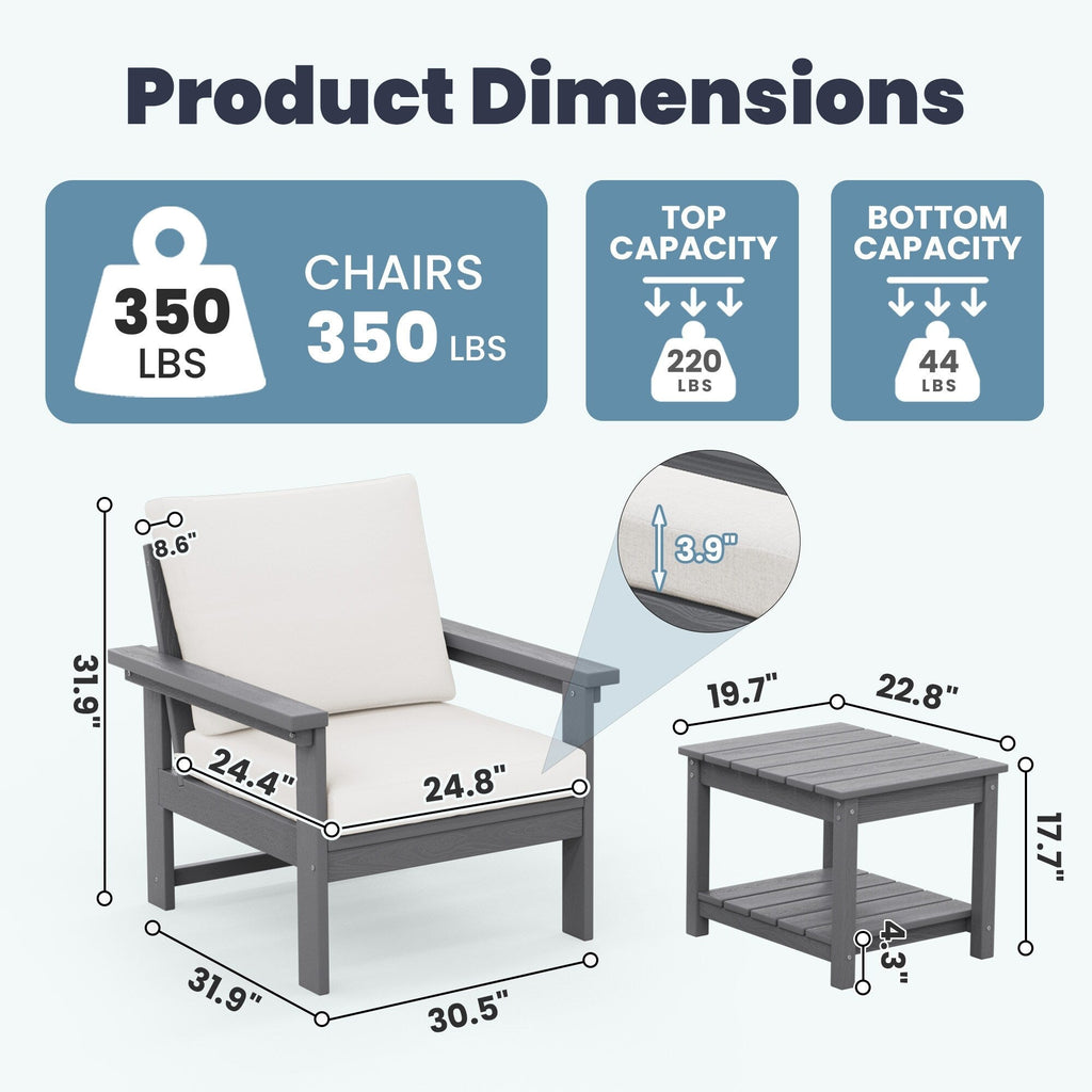 Ensemble de conversation pour patio extérieur en PEHD, 2 fauteuils et table d'appoint double, coussins amovibles inclus