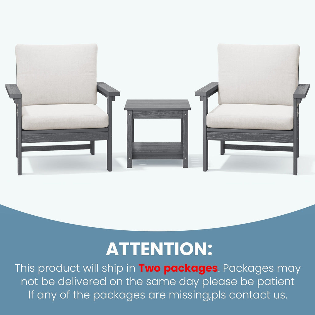 Ensemble de conversation pour patio extérieur en PEHD, 2 fauteuils et table d'appoint double, coussins amovibles inclus