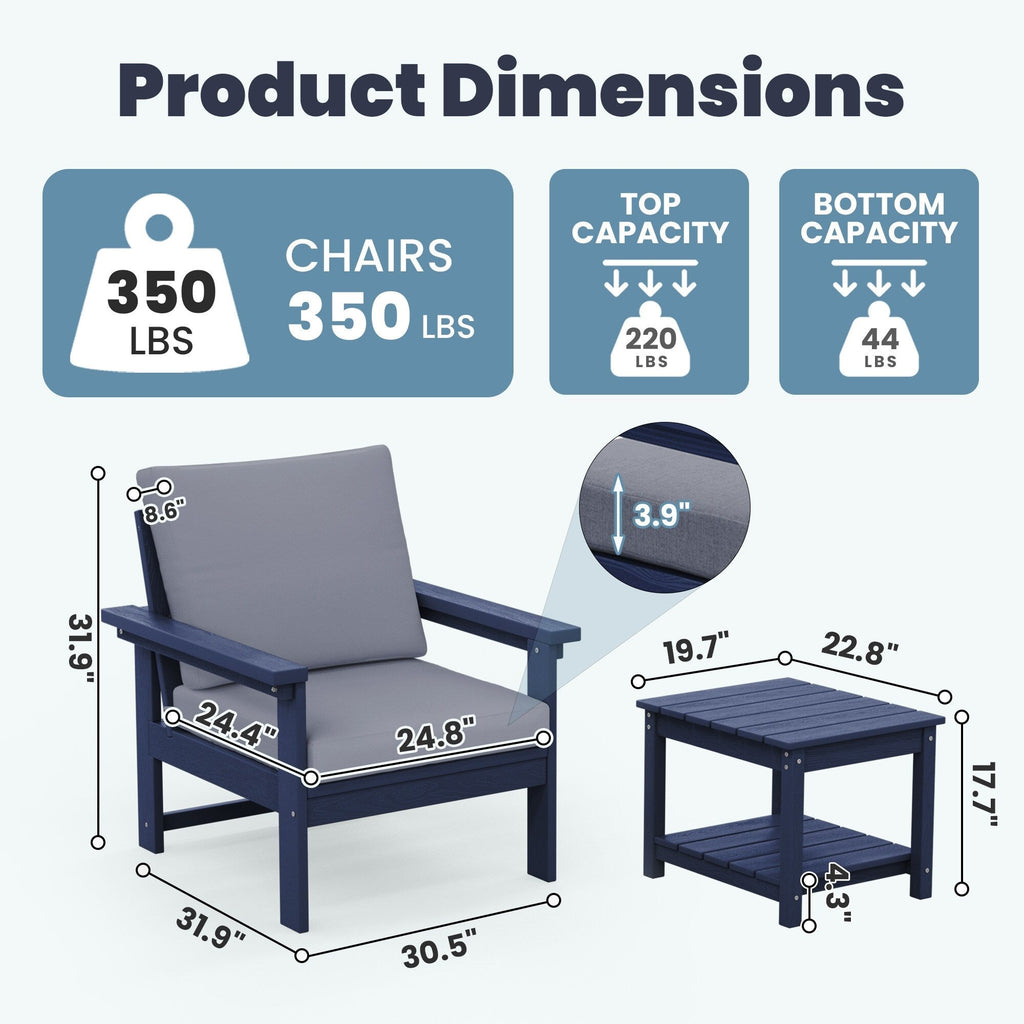 Ensemble de conversation pour patio extérieur en PEHD, 2 fauteuils et table d'appoint double, coussins amovibles inclus