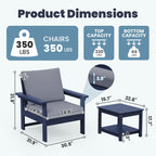 Ensemble de conversation pour patio extérieur en PEHD, 2 fauteuils et table d'appoint double, coussins amovibles inclus