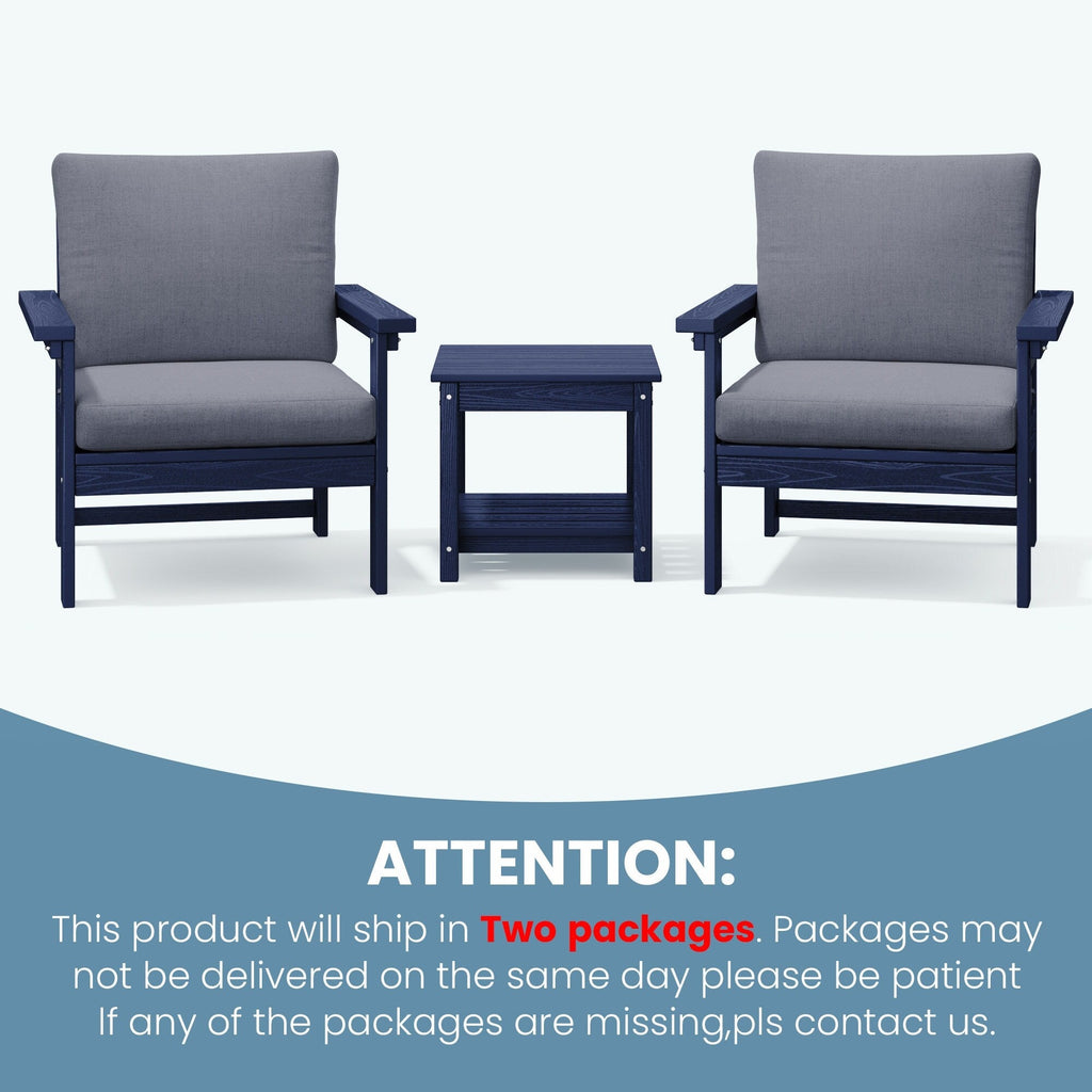 Ensemble de conversation pour patio extérieur en PEHD, 2 fauteuils et table d'appoint double, coussins amovibles inclus