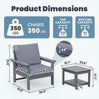 Ensemble de conversation pour patio extérieur en PEHD, 2 fauteuils et table d'appoint double, coussins amovibles inclus