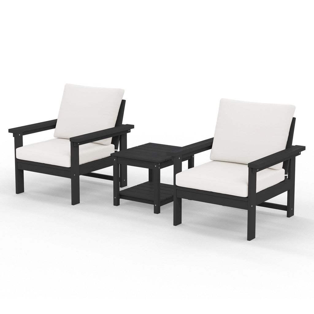 Ensemble de conversation pour patio extérieur en PEHD, 2 fauteuils et table d'appoint double, coussins amovibles inclus