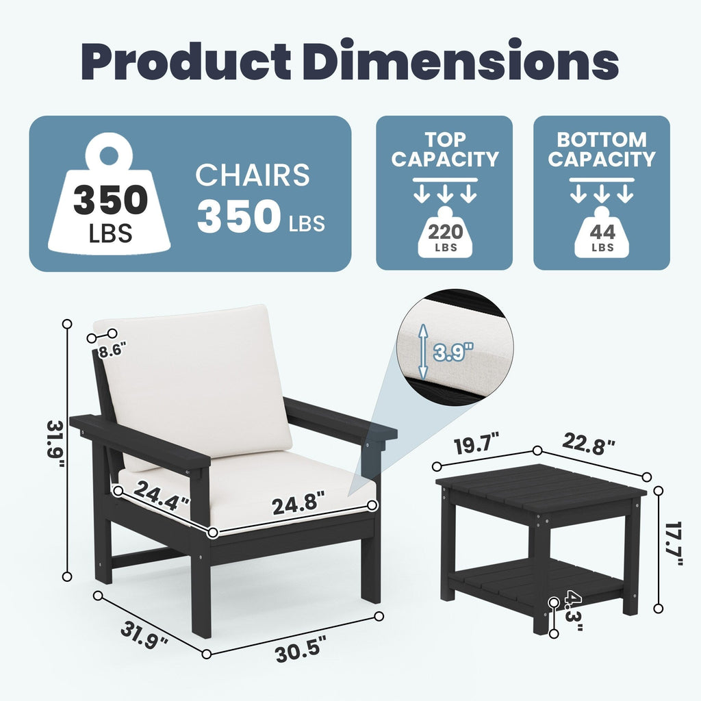 Ensemble de conversation pour patio extérieur en PEHD, 2 fauteuils et table d'appoint double, coussins amovibles inclus