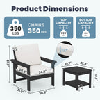 Ensemble de conversation pour patio extérieur en PEHD, 2 fauteuils et table d'appoint double, coussins amovibles inclus