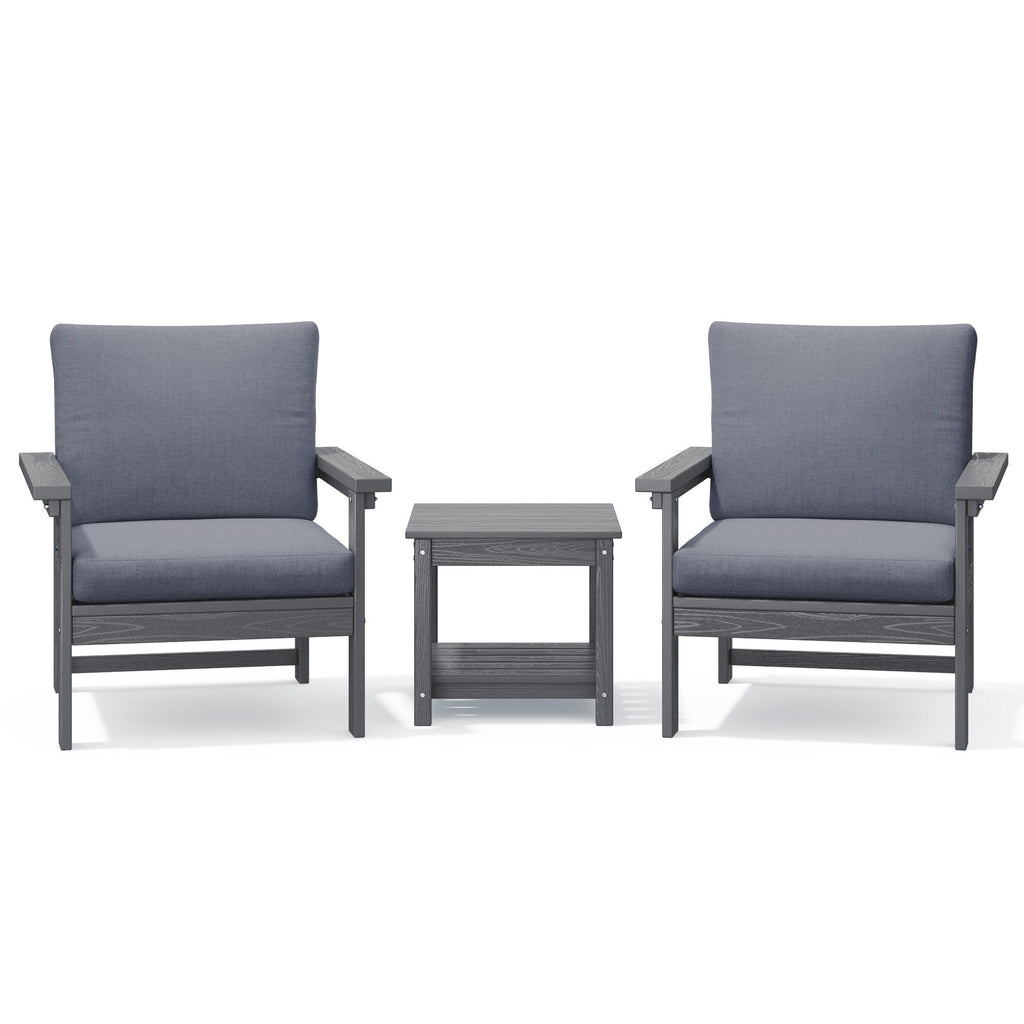 Ensemble de conversation pour patio extérieur en PEHD, 2 fauteuils et table d'appoint double, coussins amovibles inclus