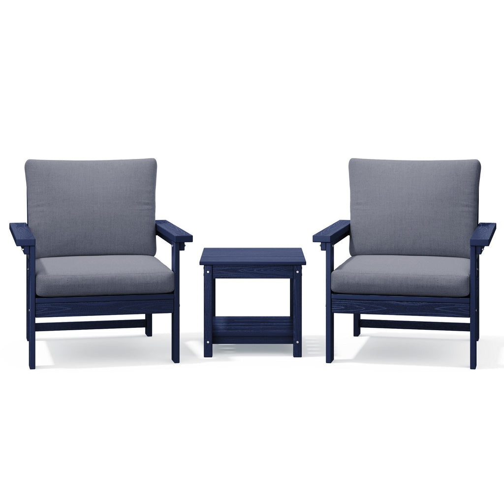 Ensemble de conversation pour patio extérieur en PEHD, 2 fauteuils et table d'appoint double, coussins amovibles inclus