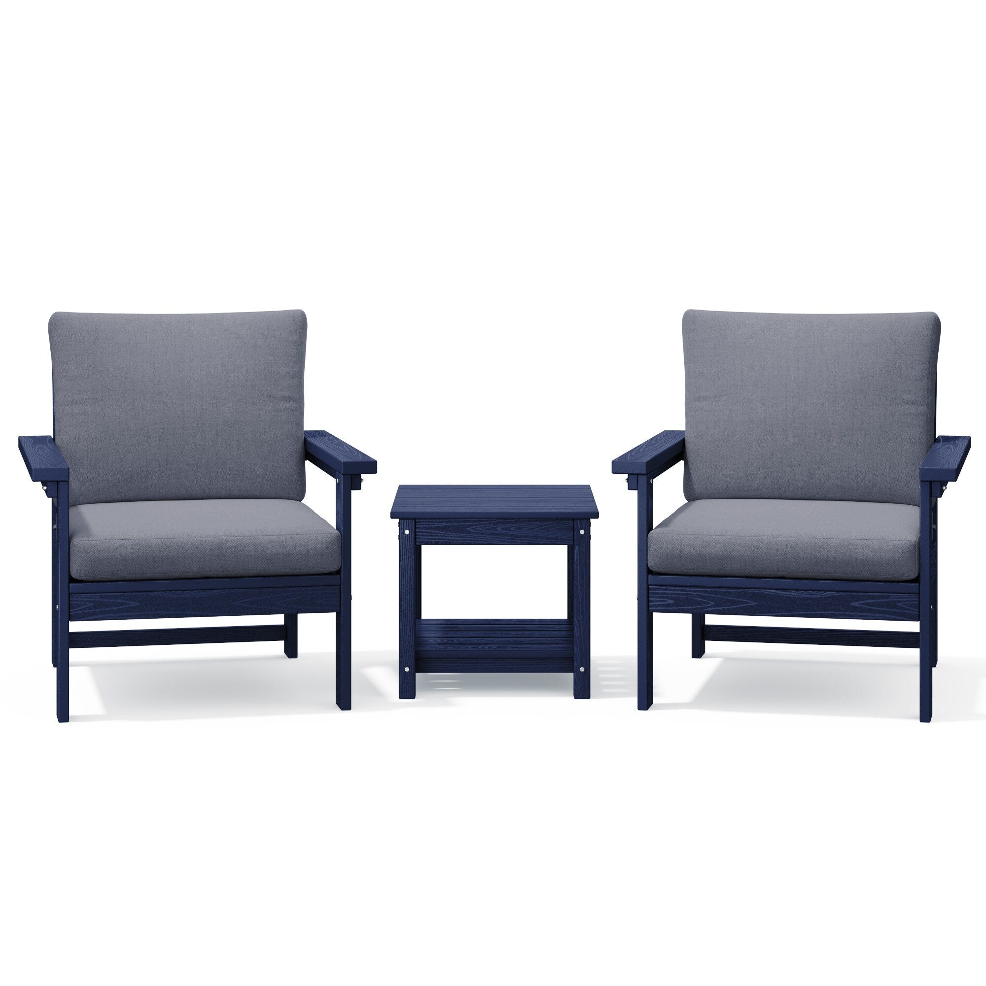 Ensemble de conversation pour patio extérieur en PEHD, 2 fauteuils et table d'appoint double, coussins amovibles inclus
