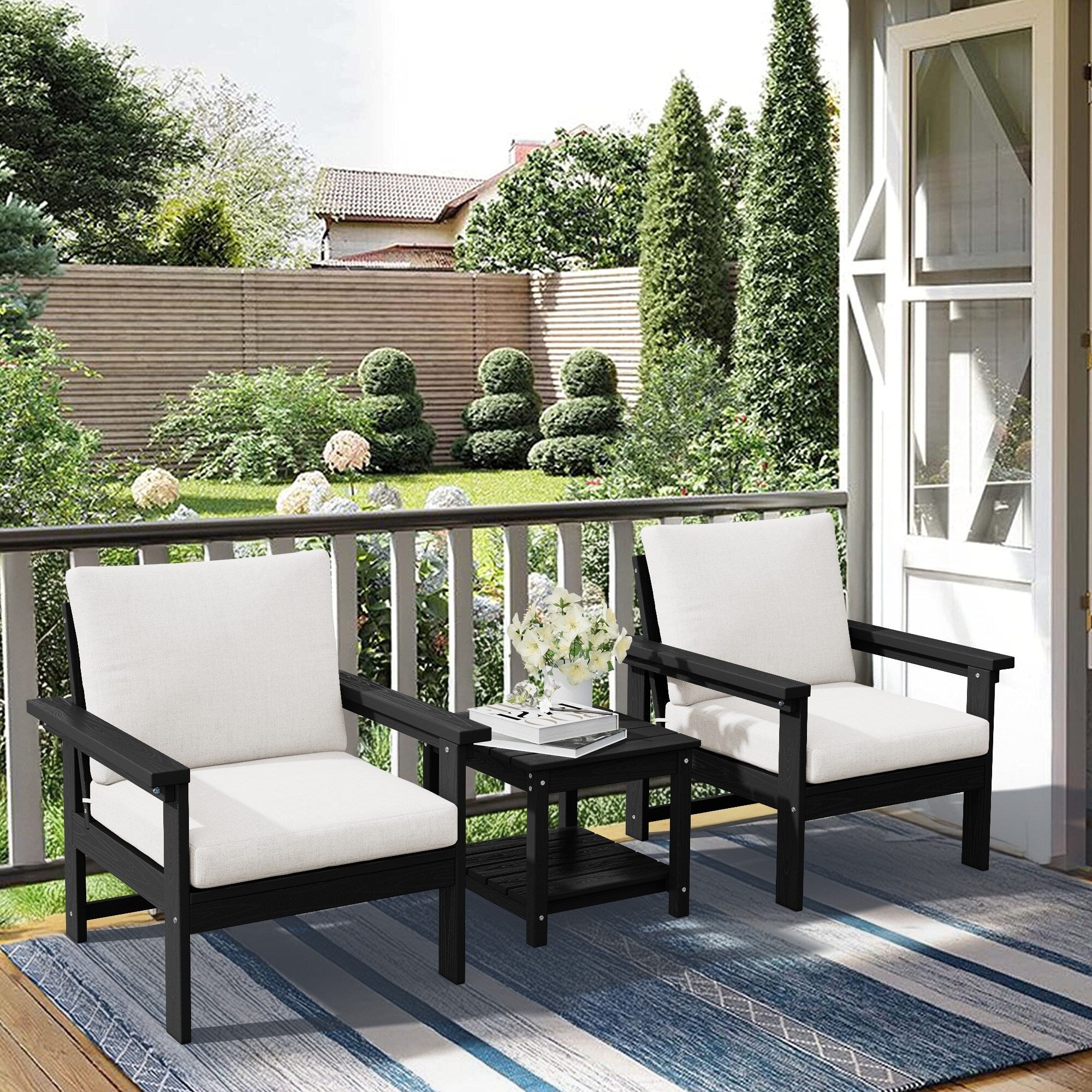 Ensemble de conversation pour patio extérieur en PEHD, 2 fauteuils et table d'appoint double, coussins amovibles inclus