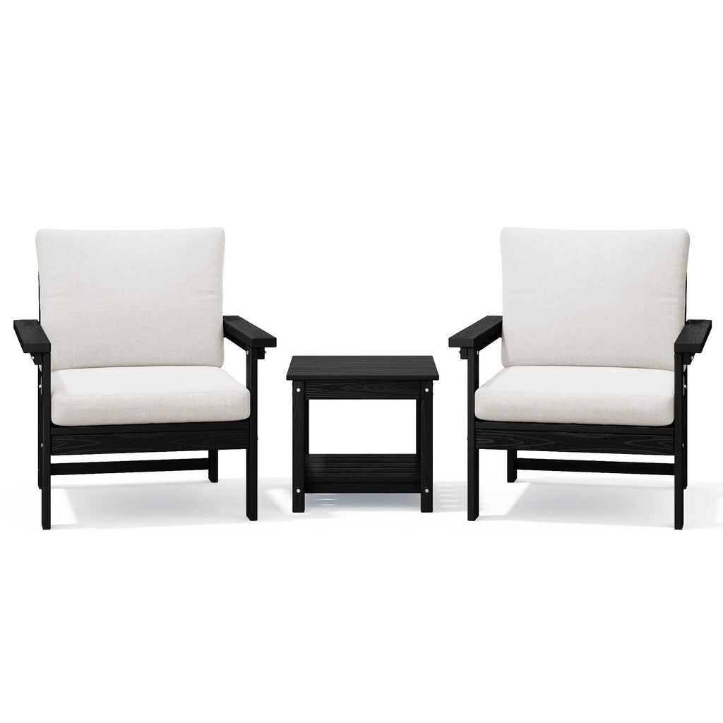 Ensemble de conversation pour patio extérieur en PEHD, 2 fauteuils et table d'appoint double, coussins amovibles inclus