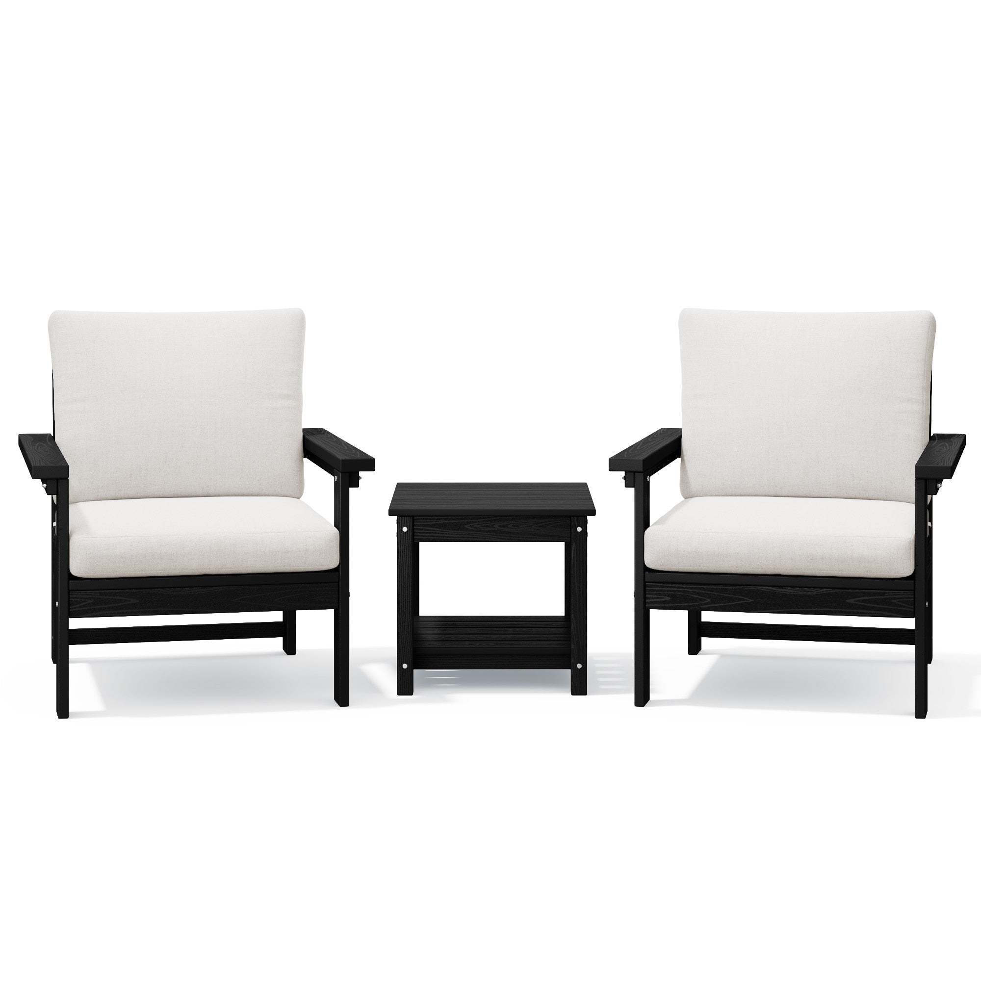 Ensemble de conversation pour patio extérieur en PEHD, 2 fauteuils et table d'appoint double, coussins amovibles inclus
